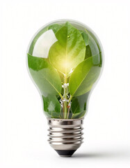 Green Energy Idea with Leaf Light Bulb Isolated on White