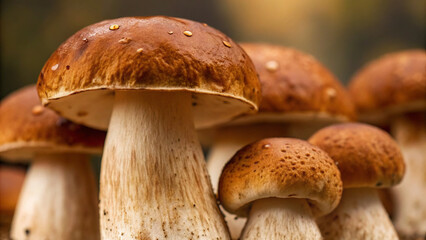 Mushrooms grow in a forest setting during the autumn season with soft light shining on their caps and stems