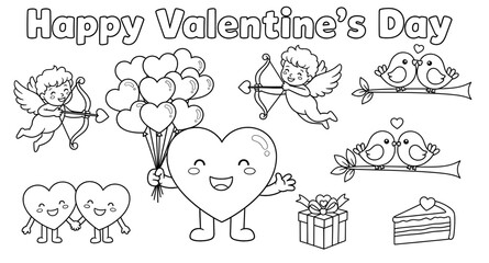 Cute illustration featuring cheerful heart character holding balloons, surrounded by angels, lovebirds, gifts, and cake, celebrating Valentine's Day with joyful elements and festive atmosphere