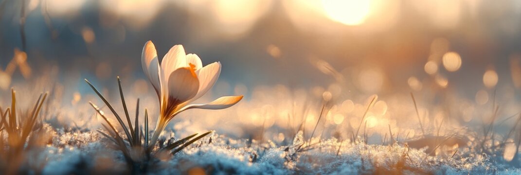 Beautiful crocuses blooming in a meadow at sunset, a sign of the beginning of spring