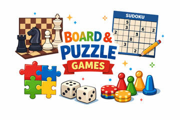 Fototapeta premium Game Night Selection: A vibrant assortment of classic board and puzzle games, including chess, sudoku, jigsaw puzzles, and dice. Ready for a night of fun and challenge!