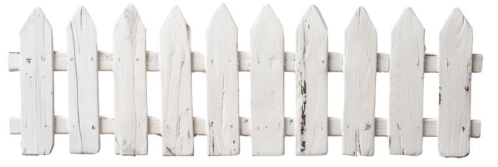 Section of a wooden fence painted white is displayed on a transparent background. The fence has a simple design with pointed tops and rustic details