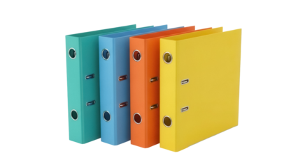 Colorful ring binders isolated PNG, office supplies in turquoise, blue, orange and yellow for organizing documents on transparent background