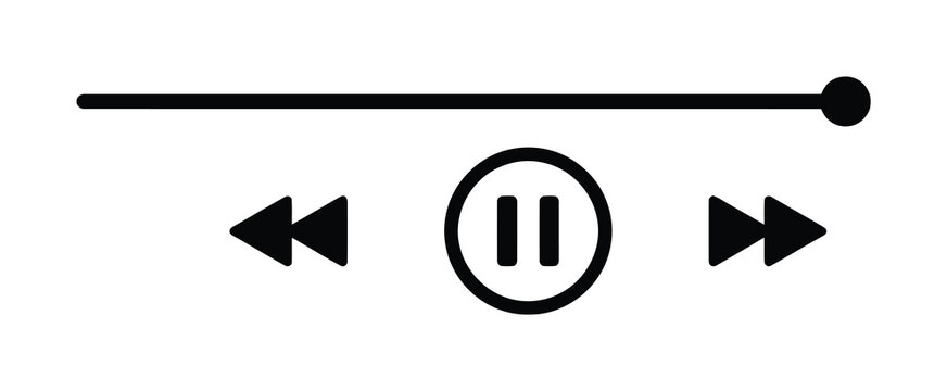 Media player controls pause play buttons. Music playback controls with waveform on white background