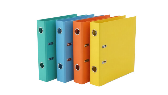 Colorful ring binders isolated PNG, office supplies in turquoise, blue, orange and yellow for organizing documents on transparent background