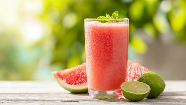 Fresh guava smoothie glass lime wooden table tropical drink healthy beverage food photography rustic background natural detox refreshment summer vitamin energy wellness