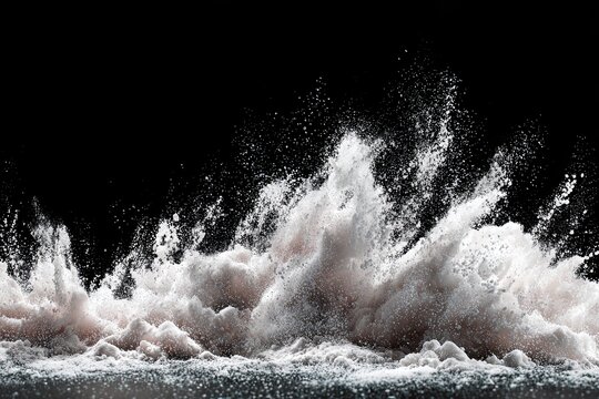 Powerful water splash with dynamic particles and energy against a stark black background showcasing explosive motion.