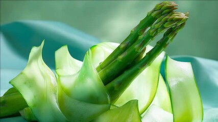 A vibrant showcasing a bundle of asparagus spears with their rich green color and firm texture. Ideal for food or advertising purposes.