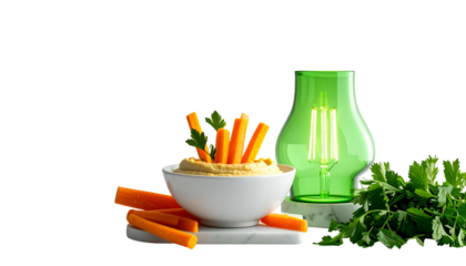 A vibrant culinary composition features carrot sticks, creamy dip, greenery, and a decorative green glass piece, all on a contrasting black backdrop