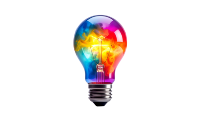 A vibrant lightbulb glows with colorful smoke inside, set against a stark black background, symbolizing creativity