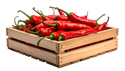 A wooden crate filled with vibrant red chili peppers with green stems, arranged in a natural and rustic setting