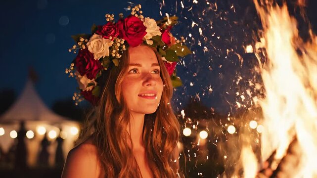 Young woman wearing a flower crown standing near a bonfire at night. Smiling female looking at sparks during a midsummer festival celebration. Bohemian party concept