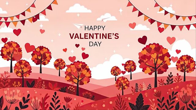 Happy Valentines Day celebration scene with hearts and trees, flat vector illustration