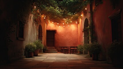 Fototapeta premium Serene and Charming Outdoor Patio with Warm String Lights, Lush Greenery, and Cozy Seating Arrangements, Perfect for Evening Gatherings and Relaxation