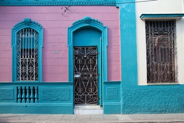 Santa Clara city in Cuba. Street view with colonial style architecture.