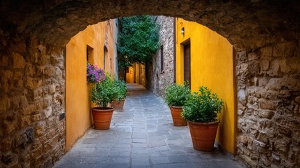 Charming cobblestone alleyway with vibrant yellow walls and potted plants, creating a picturesque scene of rustic beauty and serene ambiance.