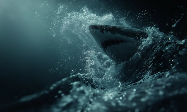 Shark swims in deep ocean sea