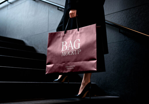 Shopping Paper Bag Mockup with Ribbon Handles