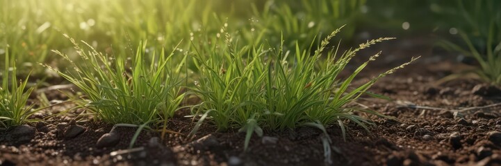 Obraz premium A delicate grass with slender blades and multiple tiny leaves sprouting from the soil, plants, multiple leaves, outdoor