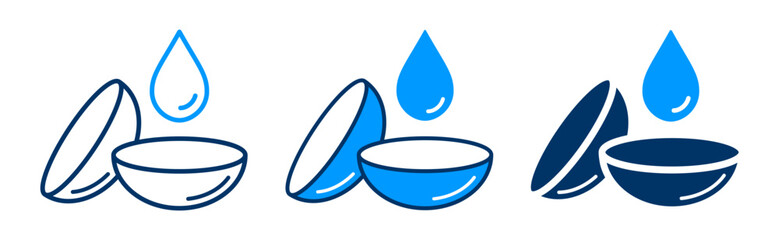 Contact lens and water drop icon set. Showing eye care, vision correction, contact lens hygiene, and daily lens use. Outline and filled icons collection.