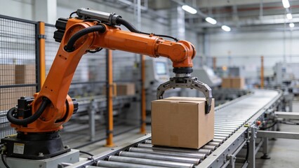 Orange robotic arm on conveyor belt
