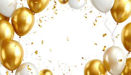 Festive arrangement of golden and white balloons framing a central void, interspersed with gold confetti on black