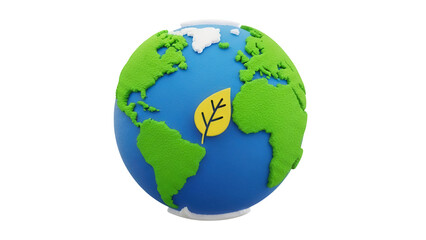 Obraz premium Earth globe with green continents and yellow leaf isolated PNG, ecology and environmental protection concept on transparent background
