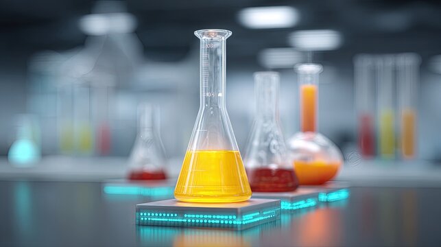 Colorful laboratory glassware with vibrant liquids on futuristic surface in a professional science lab setting, showcasing chemistry experimentation and research