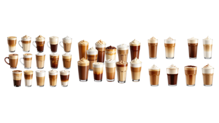 Gourmet Coffee Drinks Variety with Foam Art and Ice, Transparent PNG Elements