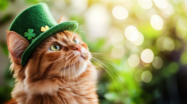 Cute ginger cat wearing leprechaun hat and shamrock pendant looking up celebrating saint patrick's day