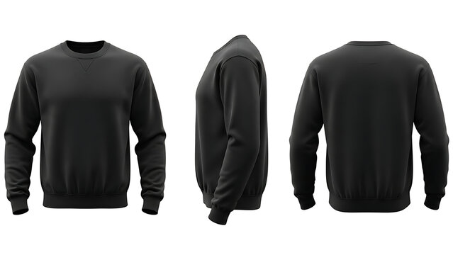 Professional blank black crewneck sweatshirt mockup template showcasing front, side, and back views for versatile apparel design presentation and casual clothing branding