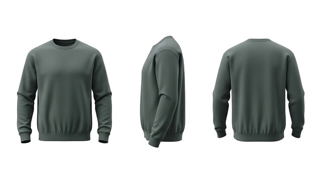 Dark olive green crewneck sweatshirt mockup, front, side, and back views. Versatile apparel for design, branding, and casual wear concepts on isolated background