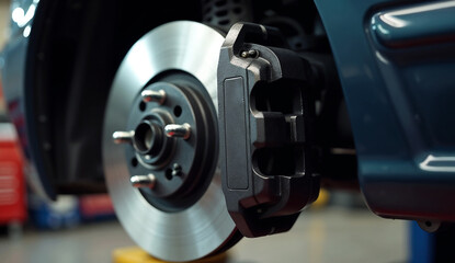 Fototapeta premium Close up of disc brake on a car in a professional automotive repair shop.