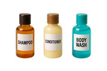 Hotel shampoo conditioner body wash bottles isolated on transparent background