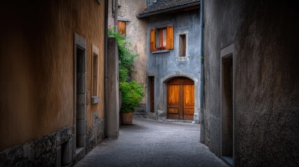 Fototapeta premium Charming Old Town Alleyway with Rustic Walls, Lush Greenery, and Warm-Illuminated Wooden Door in Historical European Architecture