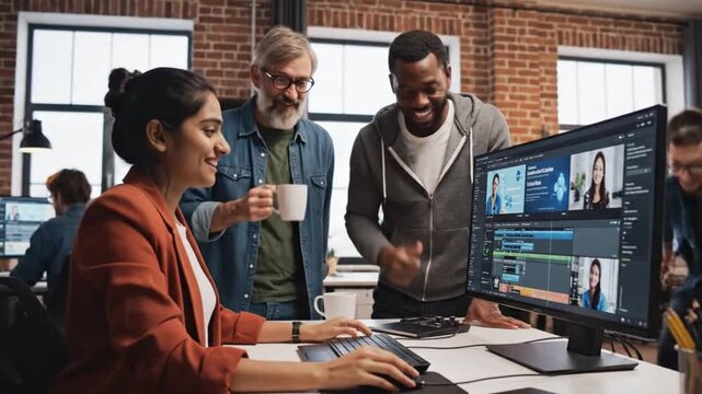 Diverse team collaborating on video editing project using computers in modern office