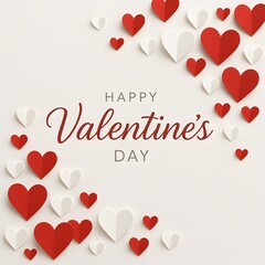 A festive Happy Valentine's Day message with red and white hearts on a white background
