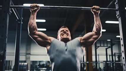 Muscular man performing pull-up exercise in a modern gym setting - Powered by Adobe