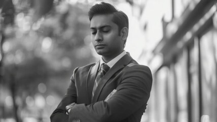The shows a man dressed in a suit and tie with his arms crossed. He appears confident and is positioned against the backdrop of a railing and trees, suggesting an outdoor setting.