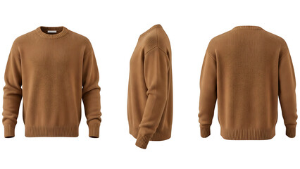 Brown crew neck sweater for comfort and style. Three views highlight soft fabric and versatile design, perfect for daily fashion