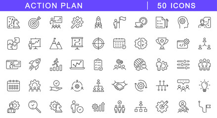 Action plan icon set. Business strategy icons in line style. Editable web icons for strategy, planning, analysis, collaboration, and action. Vector illustration.