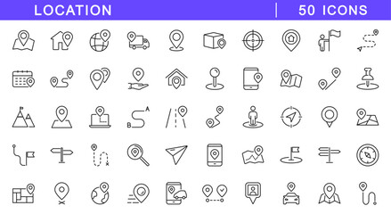 Location and navigation icon set. Location icons in line style. Editable web icons. Pointer, address, marker, position,  map pin, direction, geolocation etc. Vector illustration.