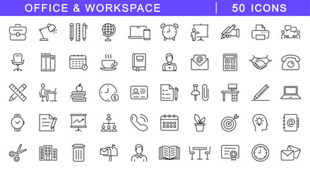 Office and workspace icon set. Office icons in line style. Editable web icons for workplace, coworking, work from home, meeting, business Vector illustration.