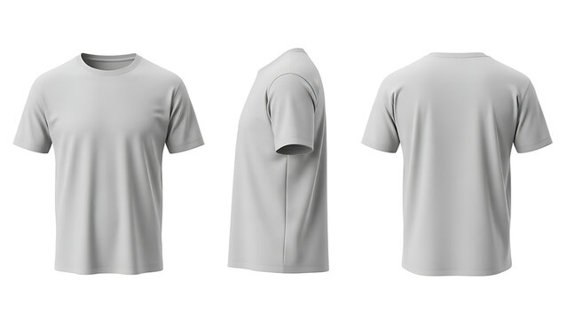 Versatile blank light grey short sleeve t-shirt mockup, showcasing front, side, and back views, ideal for presenting apparel designs, fashion branding, and product customization