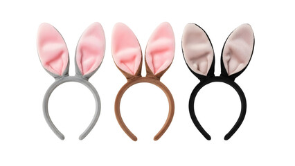 Three plush bunny ear headbands featuring distinct grey, brown, and black velvet bands with soft pink and light beige inner ear linings, perfect for festive occasions or playful costume accessories.