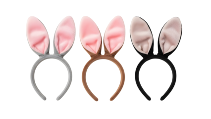 Three plush bunny ear headbands featuring distinct grey, brown, and black velvet bands with soft pink and light beige inner ear linings, perfect for festive occasions or playful costume accessories.