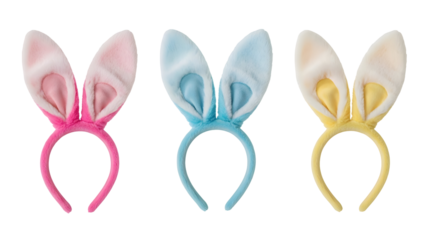 Three pastel colored plush bunny ear headbands, including vibrant pink, soft blue, and cheerful yellow, are presented with furry textures, ideal for spring holiday celebrations, costume parties, and