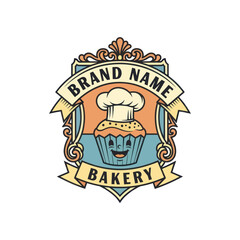 Obraz premium Bakery Logo with Cupcake and Chef Hat.