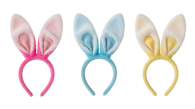 Three pastel colored plush bunny ear headbands, including vibrant pink, soft blue, and cheerful yellow, are presented with furry textures, ideal for spring holiday celebrations, costume parties, and
