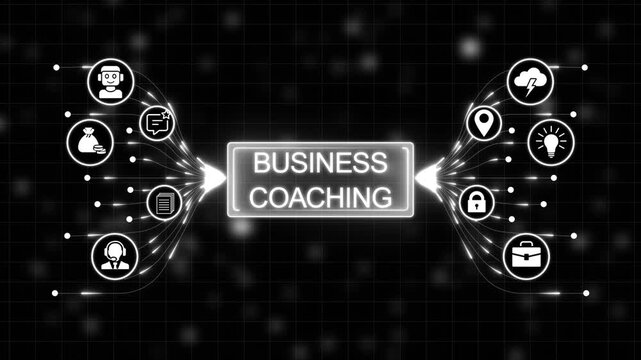 Business Coaching Concept with Digital Icons and Futuristic Interface on Dark Background